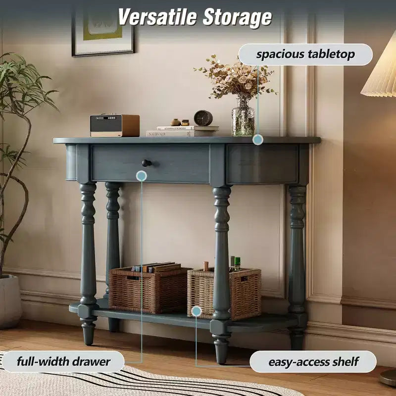Vintage Narrow Console Table with Storage, Wood Entryway Table with Top Drawer and Open Shelf, Retro Sofa Table for Entryway and Hallway
