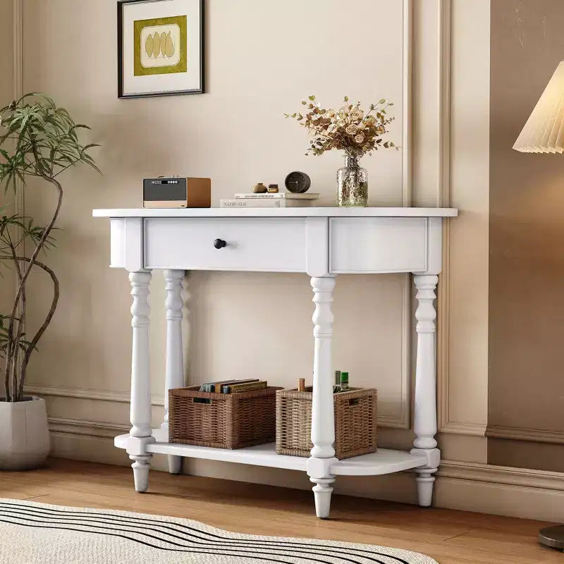 Vintage Narrow Console Table with Storage, Wood Entryway Table with Top Drawer and Open Shelf, Retro Sofa Table for Entryway and Hallway