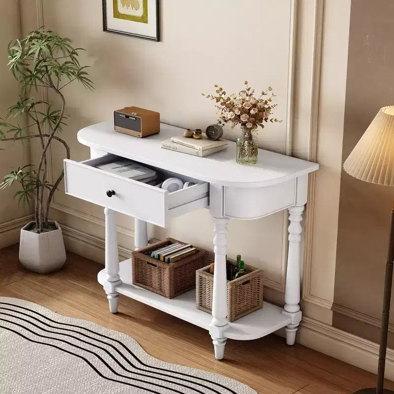 Vintage Narrow Console Table with Storage, Wood Entryway Table with Top Drawer and Open Shelf, Retro Sofa Table for Entryway and Hallway