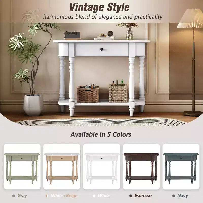 Vintage Narrow Console Table with Storage, Wood Entryway Table with Top Drawer and Open Shelf, Retro Sofa Table for Entryway and Hallway