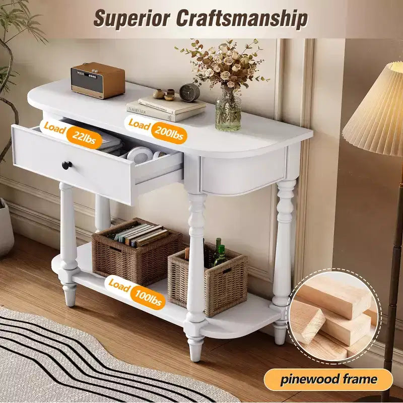 Vintage Narrow Console Table with Storage, Wood Entryway Table with Top Drawer and Open Shelf, Retro Sofa Table for Entryway and Hallway