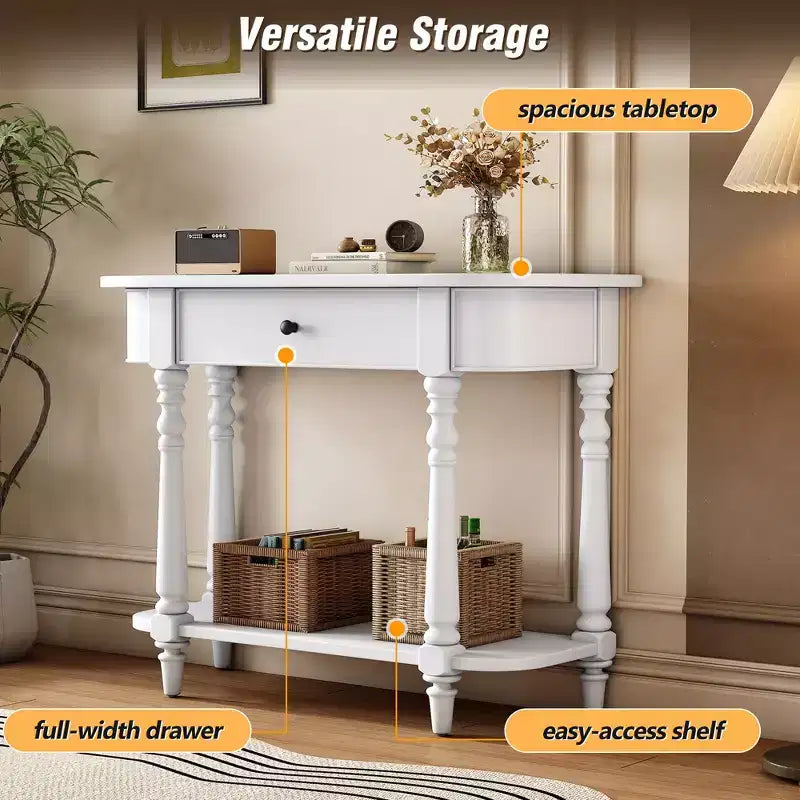 Vintage Narrow Console Table with Storage, Wood Entryway Table with Top Drawer and Open Shelf, Retro Sofa Table for Entryway and Hallway