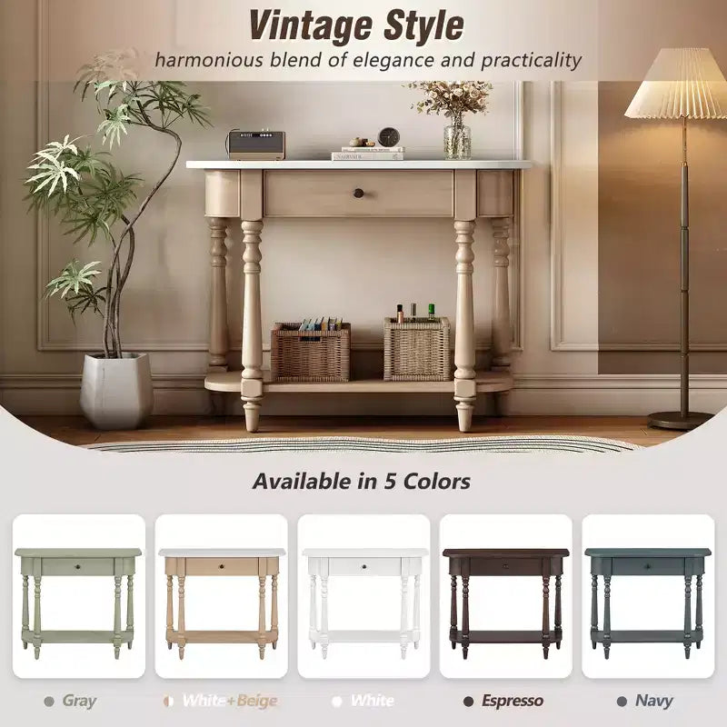 Vintage Narrow Console Table with Storage, Wood Entryway Table with Top Drawer and Open Shelf, Retro Sofa Table for Entryway and Hallway