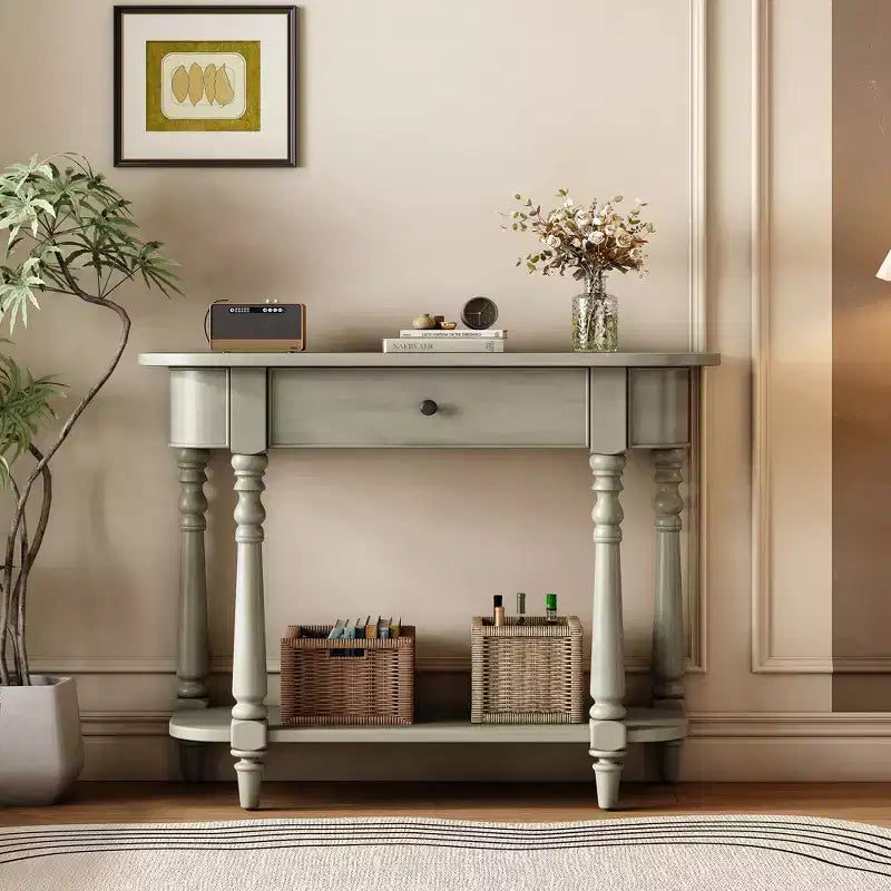 Vintage Narrow Console Table with Storage, Wood Entryway Table with Top Drawer and Open Shelf, Retro Sofa Table for Entryway and Hallway
