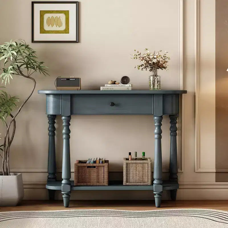 Vintage Narrow Console Table with Storage, Wood Entryway Table with Top Drawer and Open Shelf, Retro Sofa Table for Entryway and Hallway