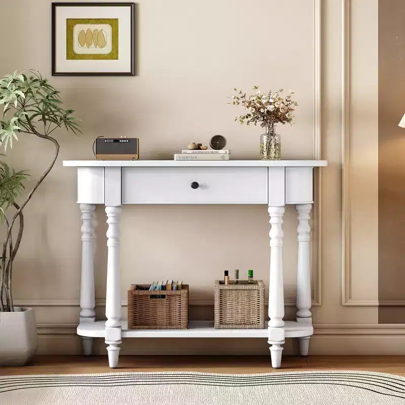 Vintage Narrow Console Table with Storage, Wood Entryway Table with Top Drawer and Open Shelf, Retro Sofa Table for Entryway and Hallway