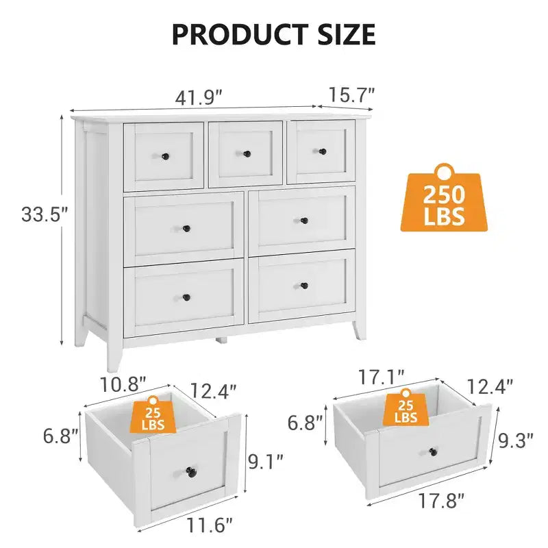 7 Drawer Dresser for Bedroom, Wooden Closet Dressers Storage OrganizerWide Modern Chest of Drawers  for Living Room,
