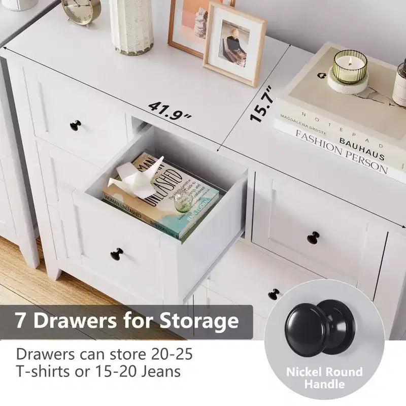 7 Drawer Dresser for Bedroom, Wooden Closet Dressers Storage OrganizerWide Modern Chest of Drawers  for Living Room,