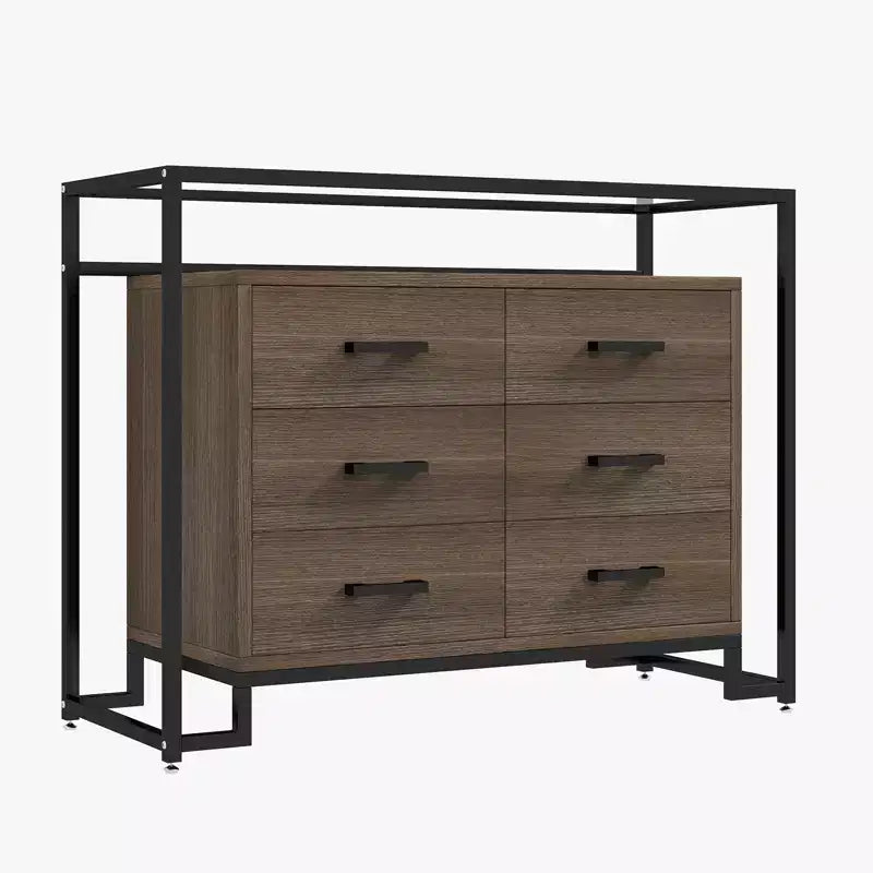 6 Drawers Dresser, Steel Tempered Glass Triamine Board Raised Bottom Six Drawer Storage Cabinet  for Living Room Bedroom
