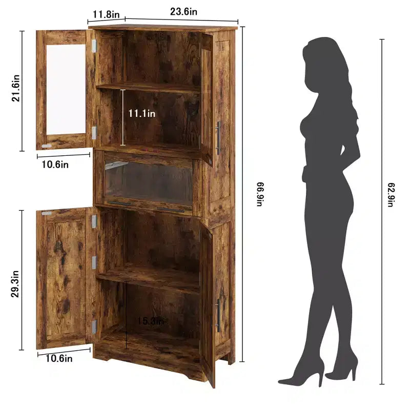 67 Tall Kitchen Pantry Storage Cabinet with Glass Doors, Adjustable Shelves, Drawer, for Bathroom, Dining Room, Living Room