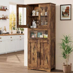 Meuble de Rangement Haut de Cuisine de 170 cm avec Portes Vitrées, Étagères Réglables, Tiroir, pour Salle de Bain, Salle à Manger, Salon