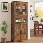 Meuble de Rangement Haut de Cuisine de 170 cm avec Portes Vitrées, Étagères Réglables, Tiroir, pour Salle de Bain, Salle à Manger, Salon