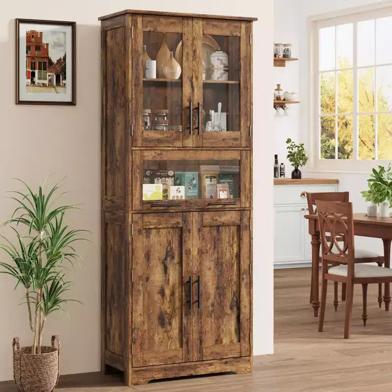 67 Tall Kitchen Pantry Storage Cabinet with Glass Doors, Adjustable Shelves, Drawer, for Bathroom, Dining Room, Living Room
