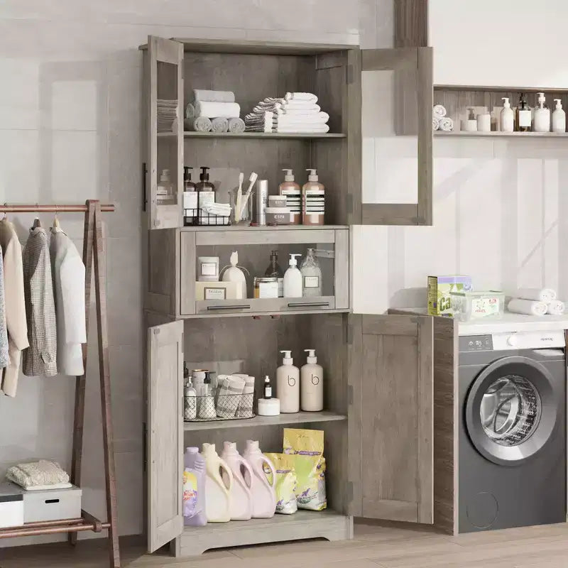 67 Tall Kitchen Pantry Storage Cabinet with Glass Doors, Adjustable Shelves, Drawer, for Bathroom, Dining Room, Living Room