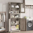 Meuble de Rangement Haut de Cuisine de 170 cm avec Portes Vitrées, Étagères Réglables, Tiroir, pour Salle de Bain, Salle à Manger, Salon