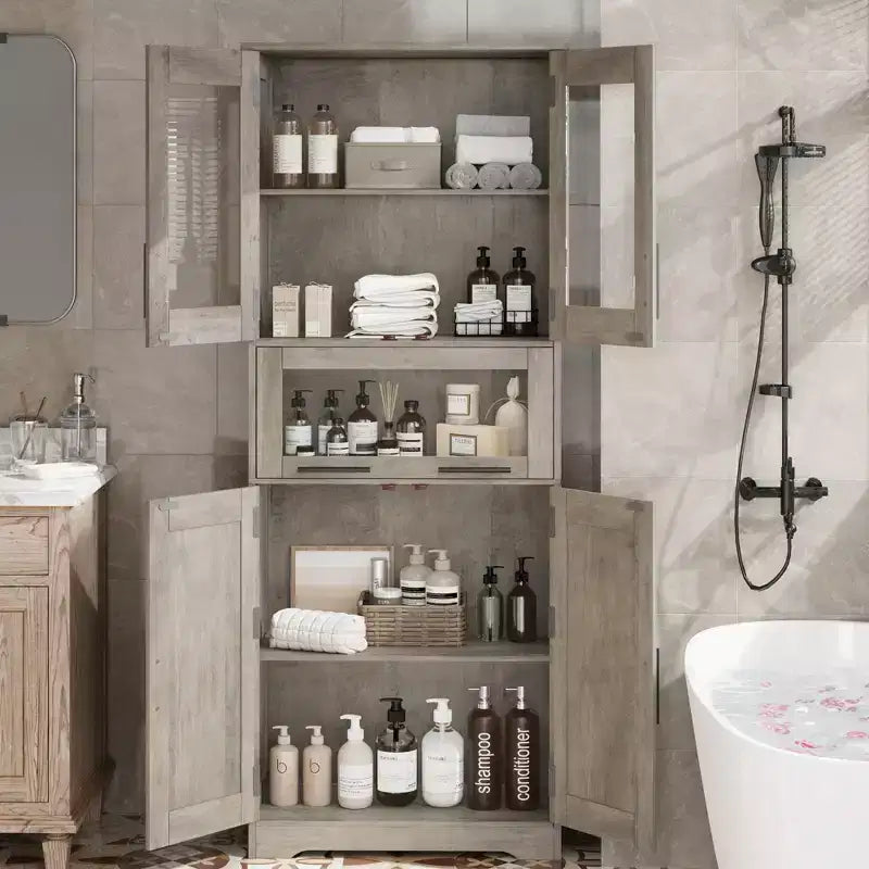 67 Tall Kitchen Pantry Storage Cabinet with Glass Doors, Adjustable Shelves, Drawer, for Bathroom, Dining Room, Living Room