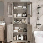 Meuble de Rangement Haut de Cuisine de 170 cm avec Portes Vitrées, Étagères Réglables, Tiroir, pour Salle de Bain, Salle à Manger, Salon