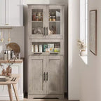 Meuble de Rangement Haut de Cuisine de 170 cm avec Portes Vitrées, Étagères Réglables, Tiroir, pour Salle de Bain, Salle à Manger, Salon
