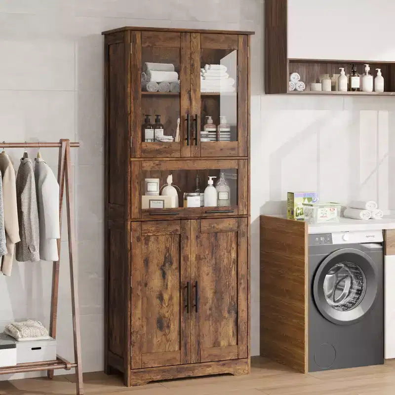 67 Tall Kitchen Pantry Storage Cabinet with Glass Doors, Adjustable Shelves, Drawer, for Bathroom, Dining Room, Living Room