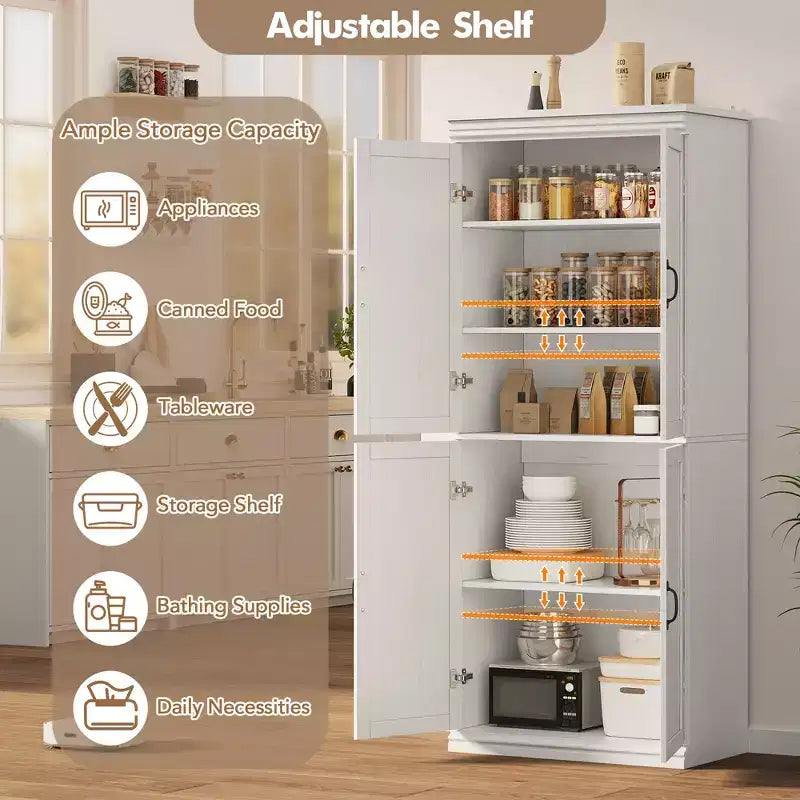 70Freestanding Kitchen Pantry Storage Cabinet, Tall Storage Cabinet with Doors and Adjustable Shelves, for Bathroom, Dining Room, Living Room