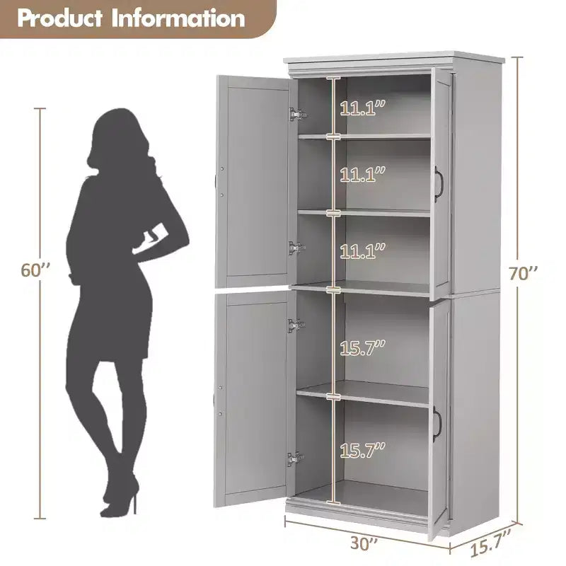 70Freestanding Kitchen Pantry Storage Cabinet, Tall Storage Cabinet with Doors and Adjustable Shelves, for Bathroom, Dining Room, Living Room