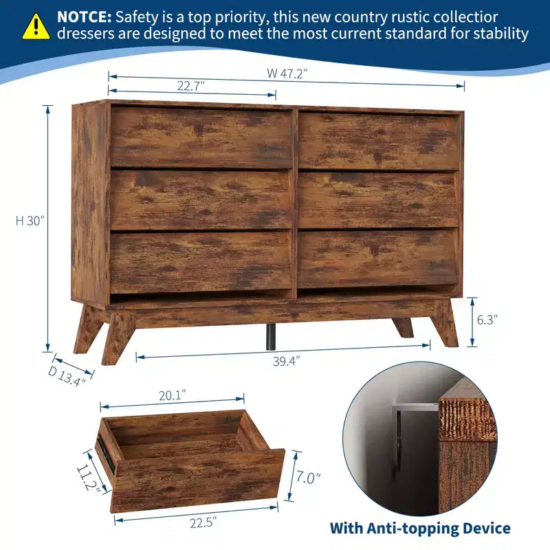 6-Drawer Dresser for Bedroom, 47.2 in Wide Mid Century Chest of Drawers, Wooden Dresser TV Stand, for Bedroom, Living Room, Hallway