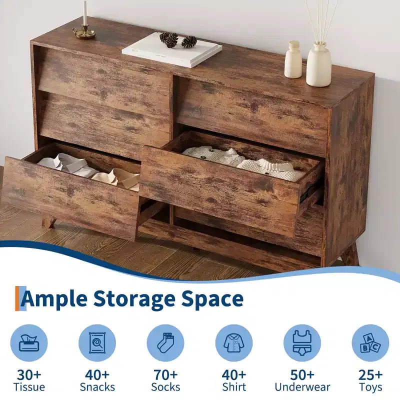 6-Drawer Dresser for Bedroom, 47.2 in Wide Mid Century Chest of Drawers, Wooden Dresser TV Stand, for Bedroom, Living Room, Hallway