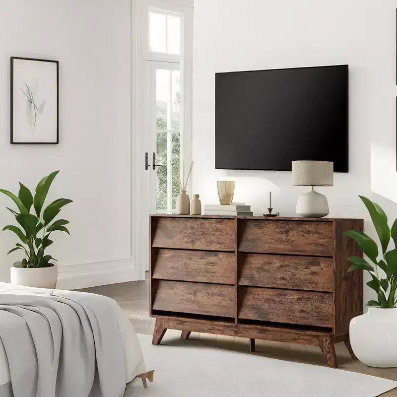 6-Drawer Dresser for Bedroom, 47.2 in Wide Mid Century Chest of Drawers, Wooden Dresser TV Stand, for Bedroom, Living Room, Hallway