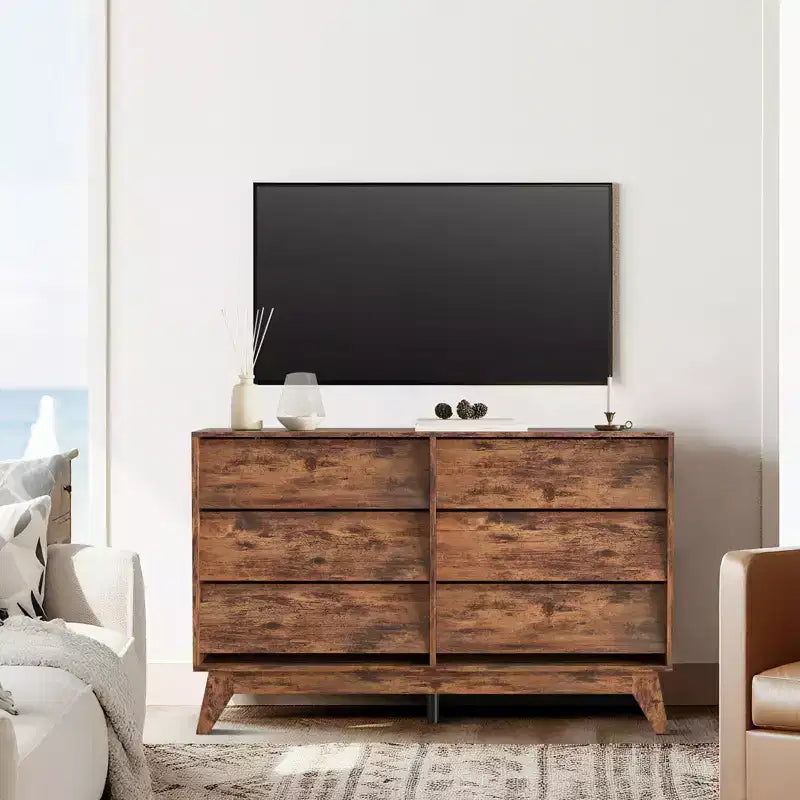 6-Drawer Dresser for Bedroom, 47.2 in Wide Mid Century Chest of Drawers, Wooden Dresser TV Stand, for Bedroom, Living Room, Hallway