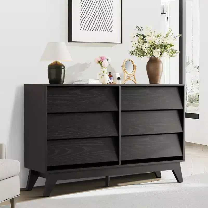 Commode 6 tiroirs pour chambre à coucher, commode de milieu de siècle de 120 cm de large, commode TV en bois, pour chambre à coucher, salon, couloir
