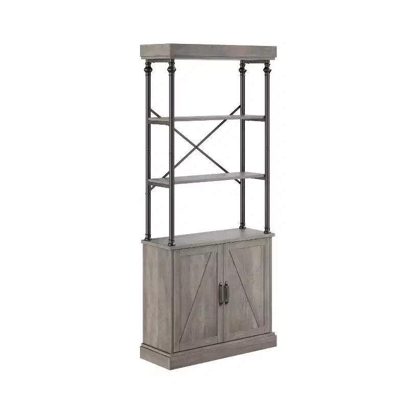 Industrial Farmhouse Bookcase with Doors - 74 Tall Wood & Metal Bookshelf with Storage Cabinet for Living Room, Home Office, Bedroom, Library