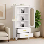 Armoire de rangement haute en métal de 73 pouces, armoire de garde-manger de cuisine avec 2 portes vitrées, 2 tiroirs, 2 étagères réglables, organisateur de rangement de placard blanc