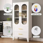 Armoire de rangement haute en métal de 73 pouces, armoire de garde-manger de cuisine avec 2 portes vitrées, 2 tiroirs, 2 étagères réglables, organisateur de rangement de placard blanc