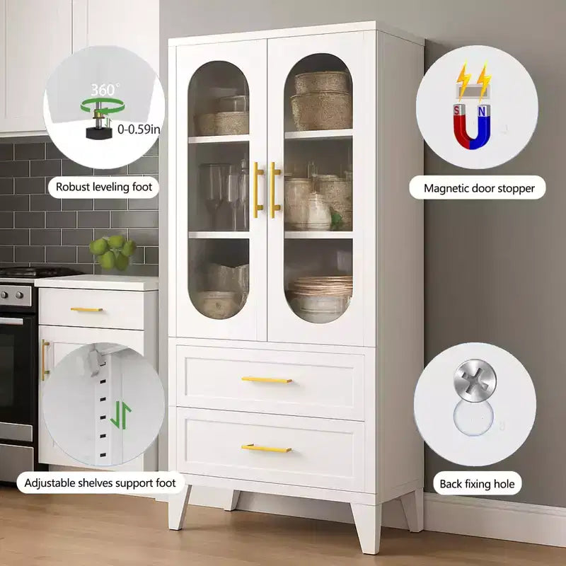73 Tall Metal Storage Cabinet, Kitchen Pantry Cabinet with 2 Glass Doors, 2 Drawers, 2 Adjustable Shelves, White Cupboard Storage Organizer