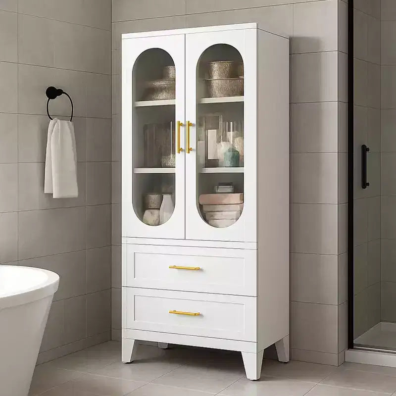 73 Tall Metal Storage Cabinet, Kitchen Pantry Cabinet with 2 Glass Doors, 2 Drawers, 2 Adjustable Shelves, White Cupboard Storage Organizer