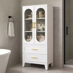 Armoire de rangement haute en métal de 73 pouces, armoire de garde-manger de cuisine avec 2 portes vitrées, 2 tiroirs, 2 étagères réglables, organisateur de rangement de placard blanc