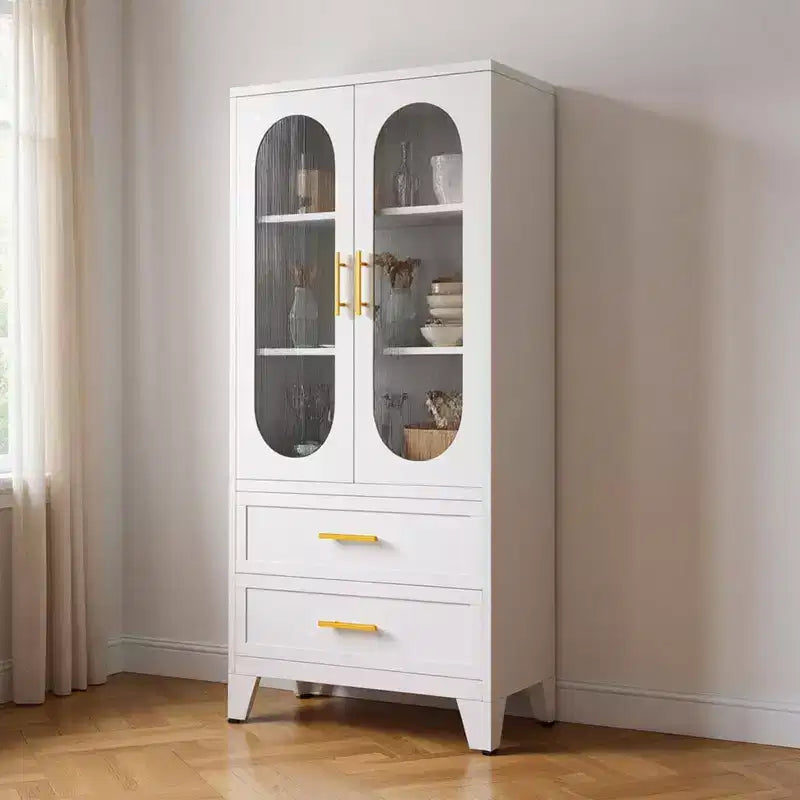 73 Tall Metal Storage Cabinet, Kitchen Pantry Cabinet with 2 Glass Doors, 2 Drawers, 2 Adjustable Shelves, White Cupboard Storage Organizer