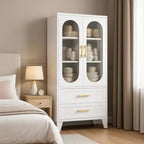 Armoire de rangement haute en métal de 73 pouces, armoire de garde-manger de cuisine avec 2 portes vitrées, 2 tiroirs, 2 étagères réglables, organisateur de rangement de placard blanc