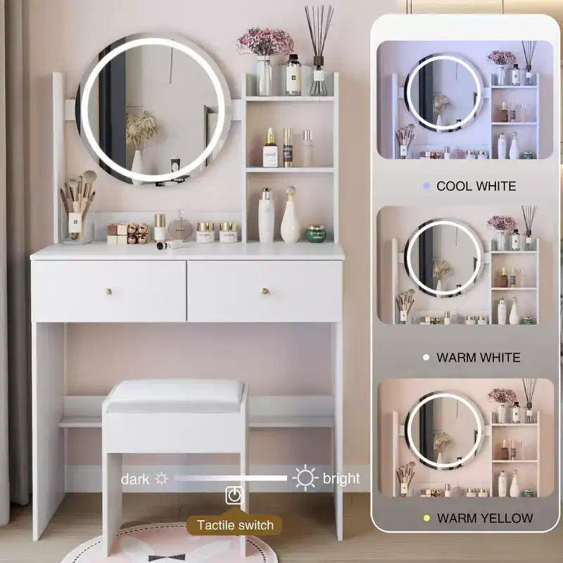Vanity Desk with Mirror and Lights Cushioned Stool Set
