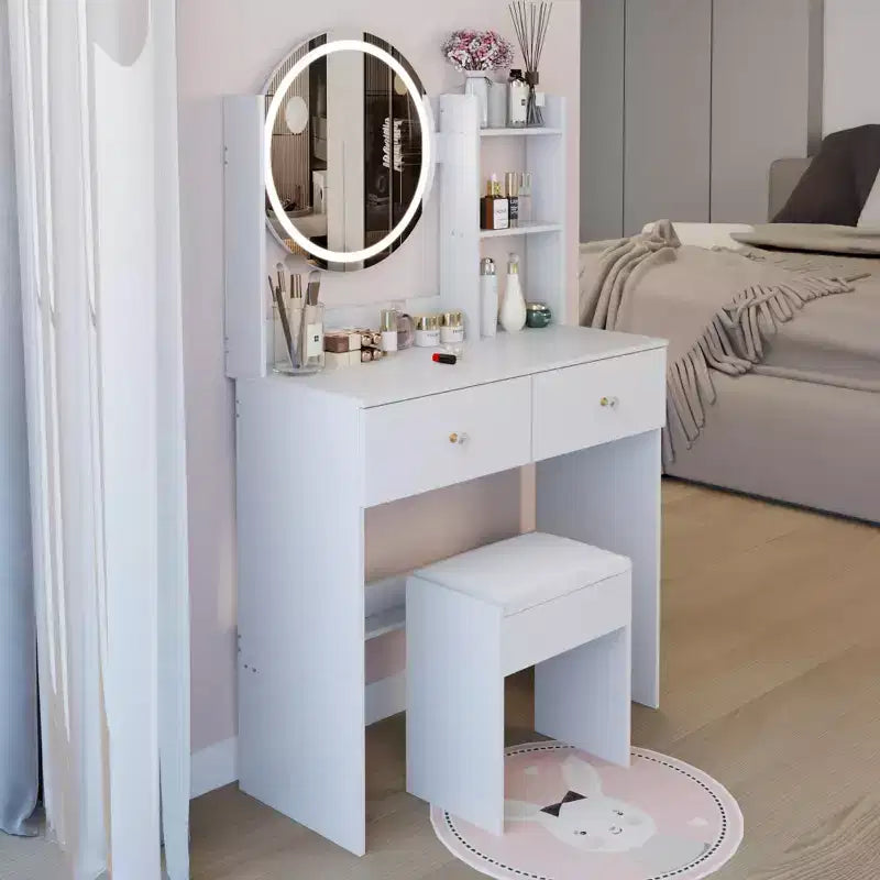 Vanity Desk with Mirror and Lights Cushioned Stool Set