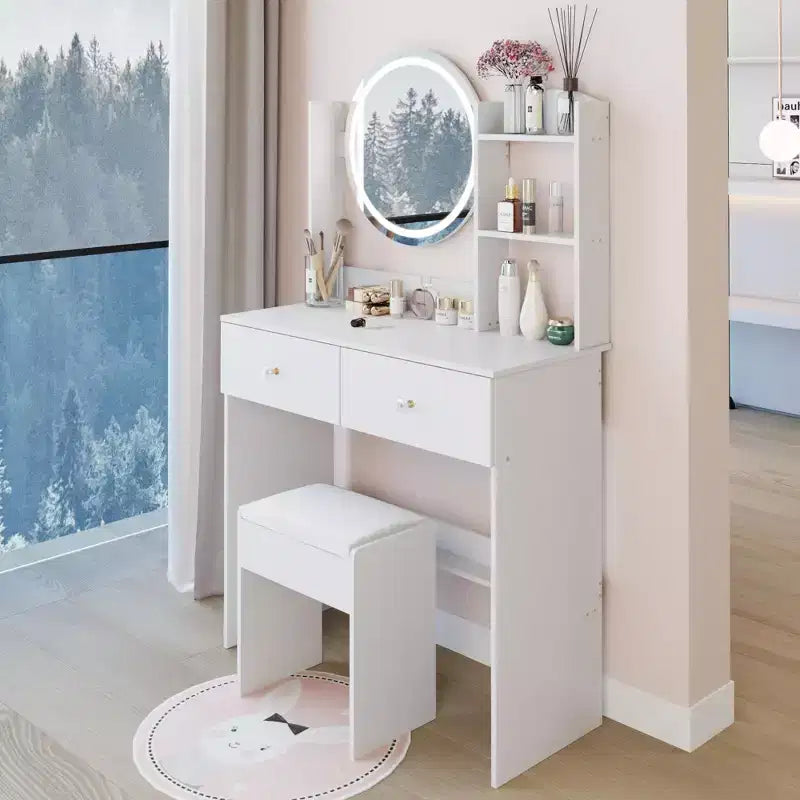 Vanity Desk with Mirror and Lights Cushioned Stool Set