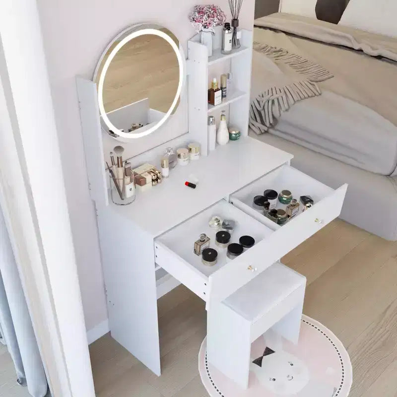 Vanity Desk with Mirror and Lights Cushioned Stool Set