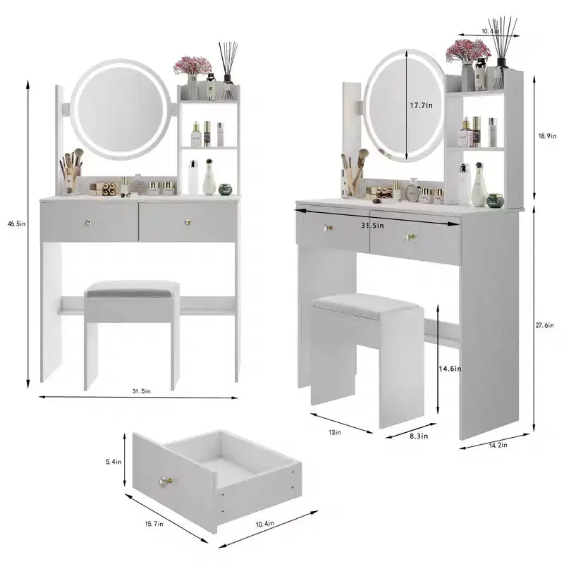 Vanity Desk with Mirror and Lights Cushioned Stool Set