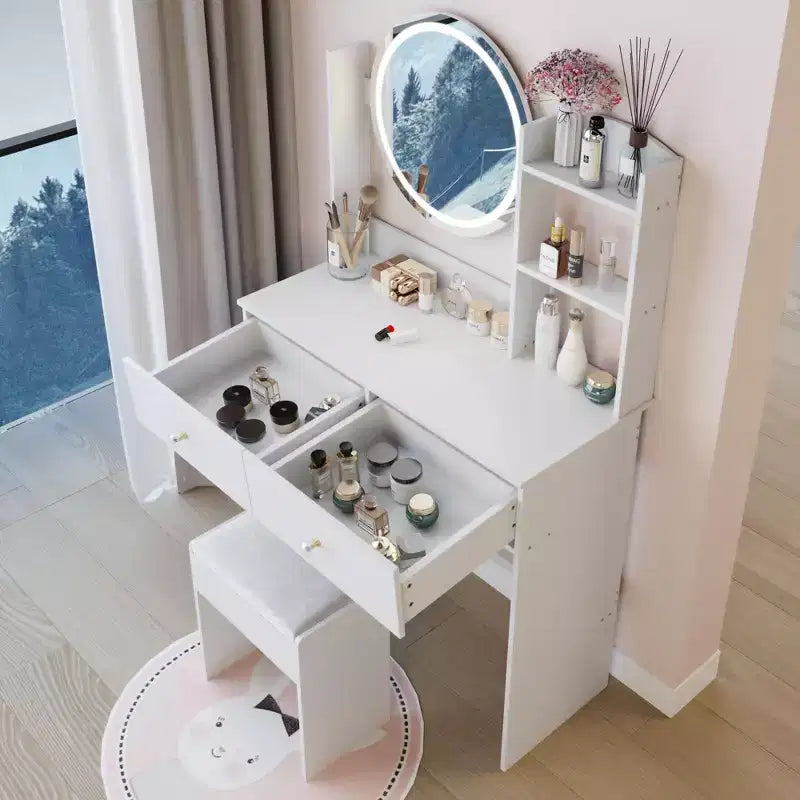 Vanity Desk with Mirror and Lights Cushioned Stool Set