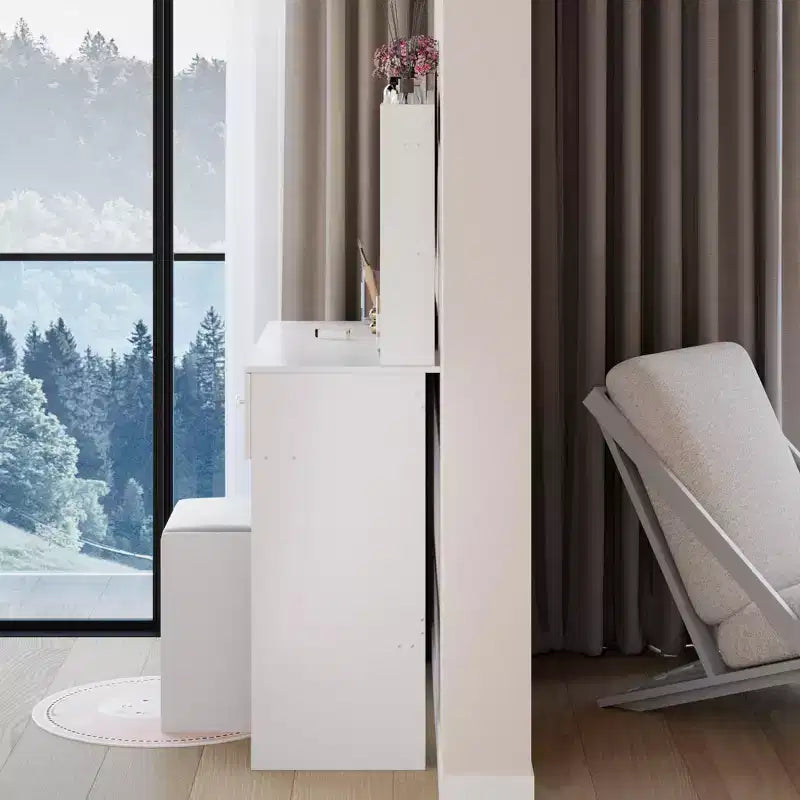 Vanity Desk with Mirror and Lights Cushioned Stool Set