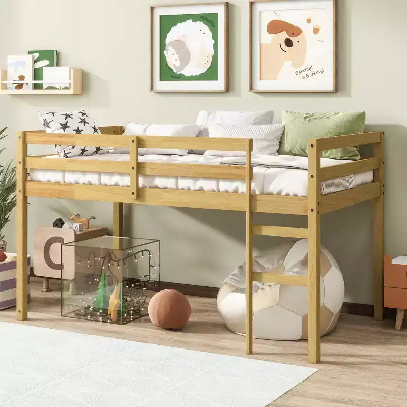 Twin Loft Bed Solid Rubber Wood with Ladder and Strengthened Slats Beige