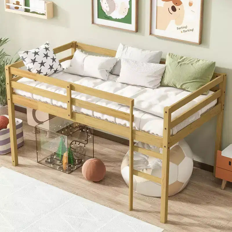 Twin Loft Bed Solid Rubber Wood with Ladder and Strengthened Slats Beige