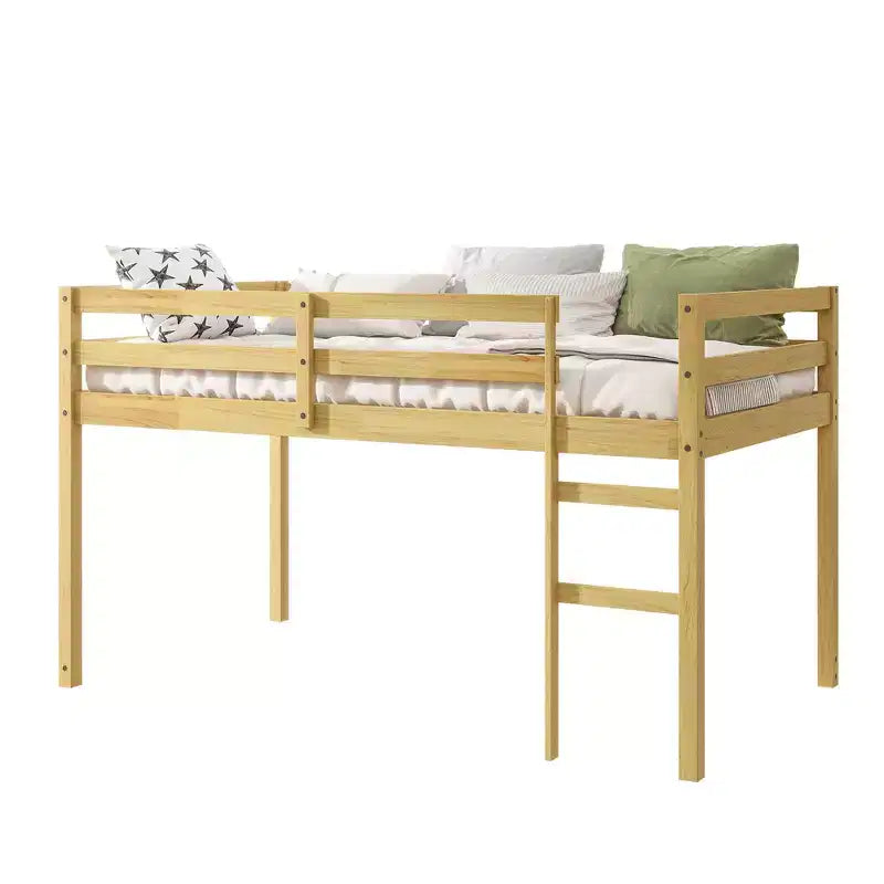 Twin Loft Bed Solid Rubber Wood with Ladder and Strengthened Slats Beige