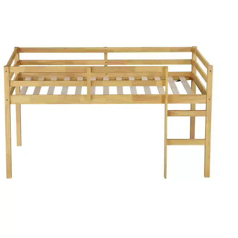 Twin Loft Bed Solid Rubber Wood with Ladder and Strengthened Slats Beige