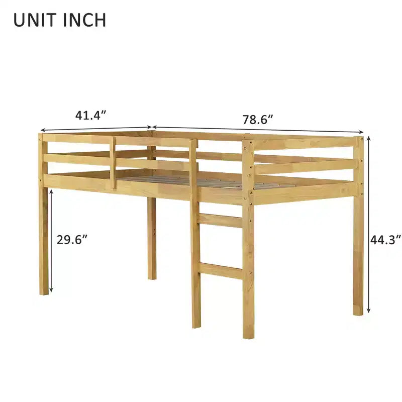 Twin Loft Bed Solid Rubber Wood with Ladder and Strengthened Slats Beige